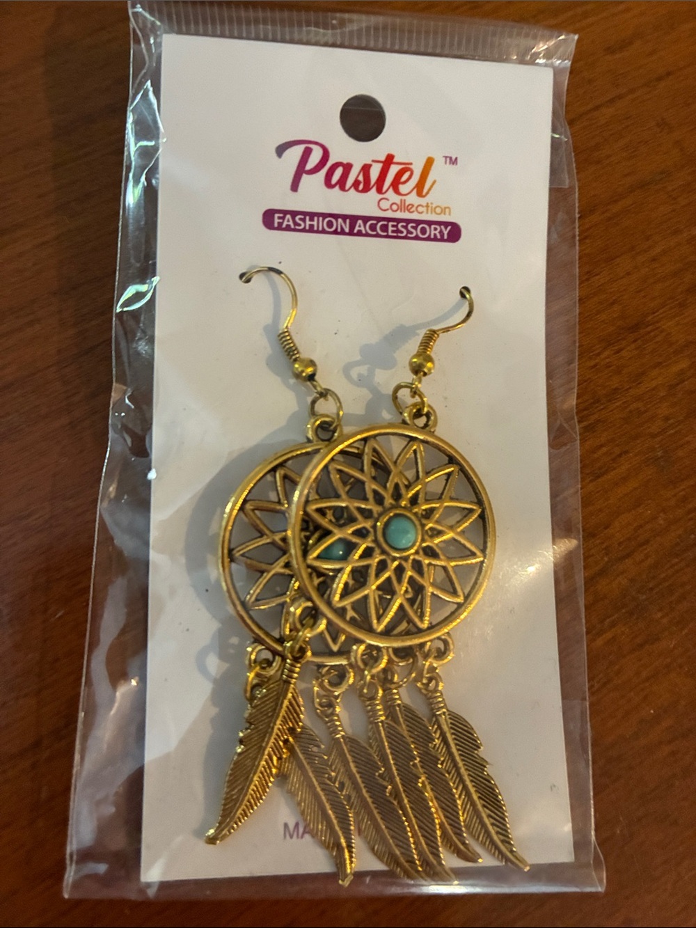 Pastels Clothing Gold Dreamcatcher Earrings with Turquoise Accents